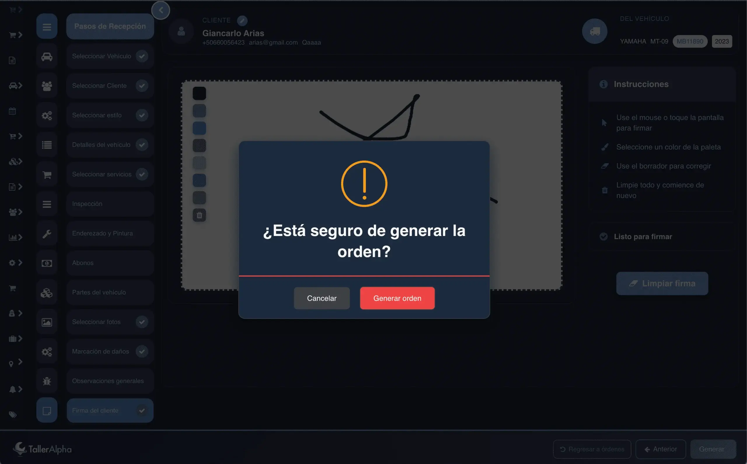 Generación de orden de trabajo para motocicletas en el sistema Taller Alpha