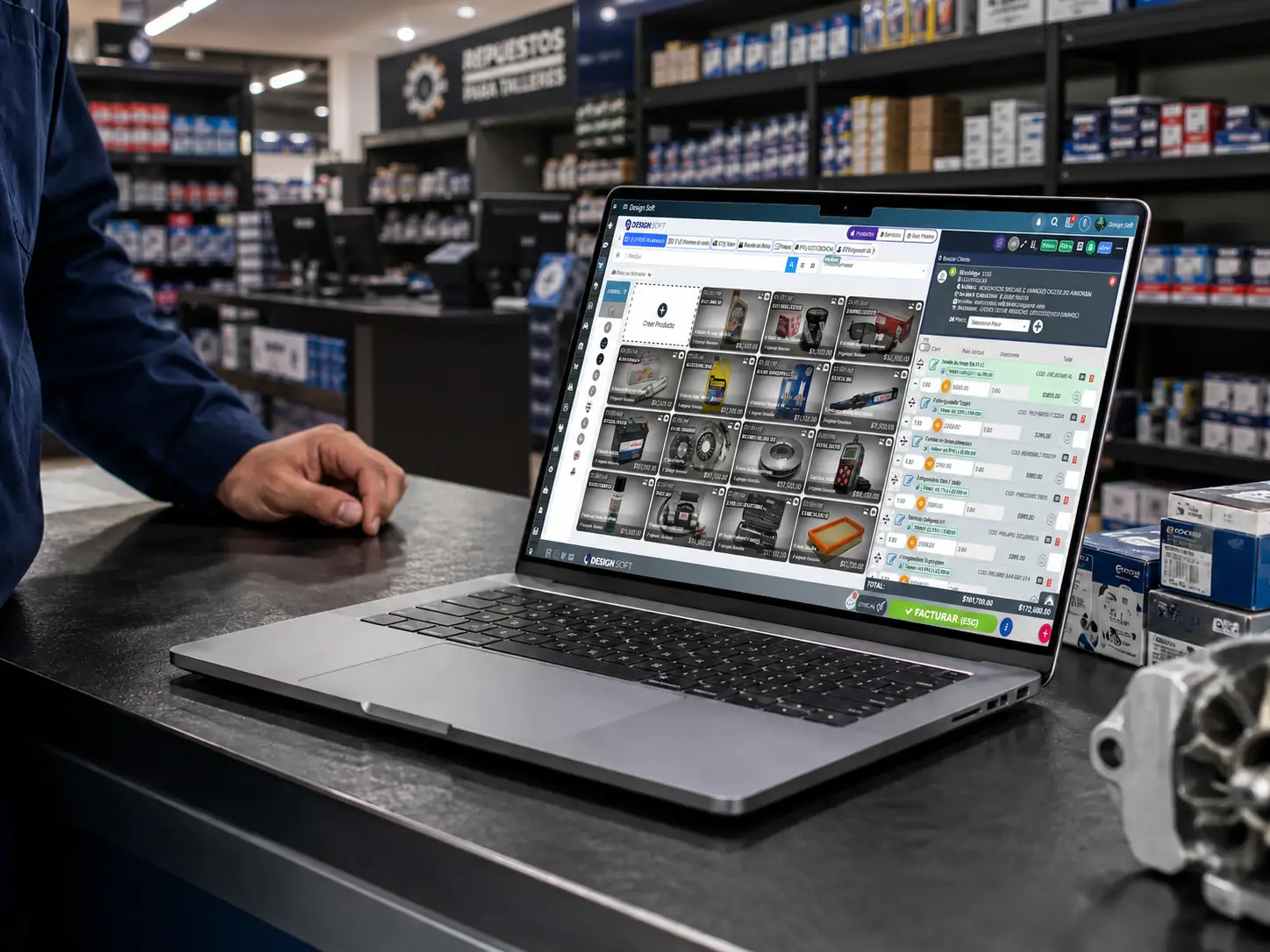 Punto de venta para tienda de repuestos con cobro en mostrador y catálogo comercial