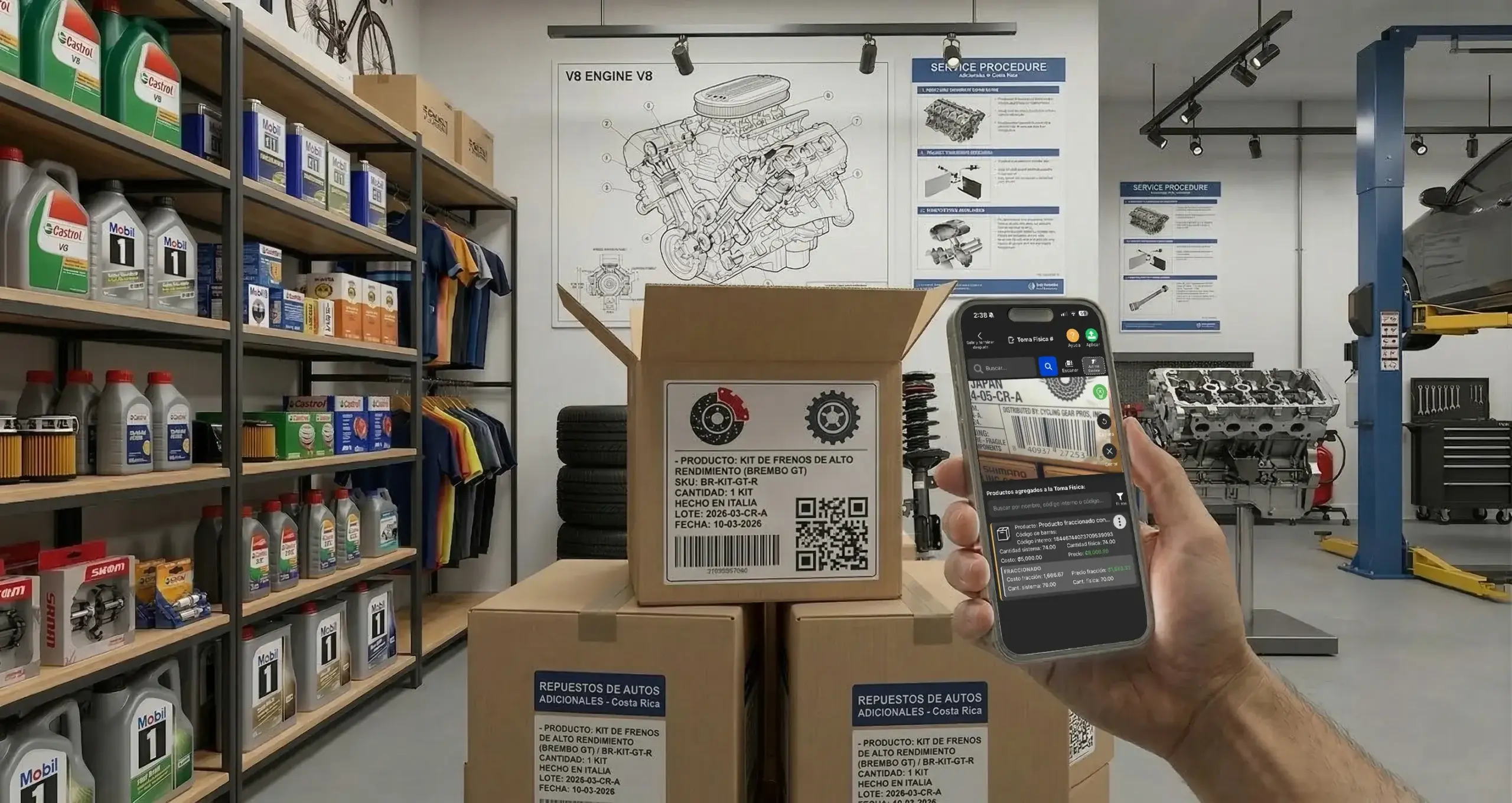 Toma física de inventario con escaneo de código de barras para actualizar existencias en el taller