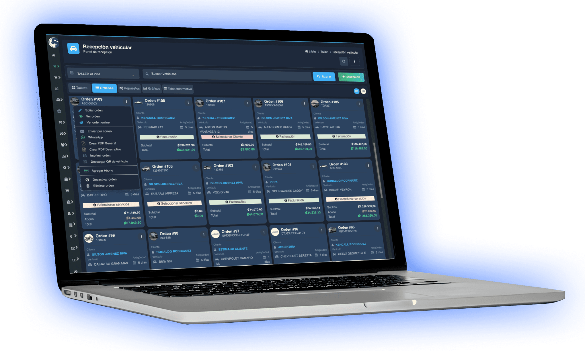 Creación de órdenes de recepción vehicular en el software TallerAlpha