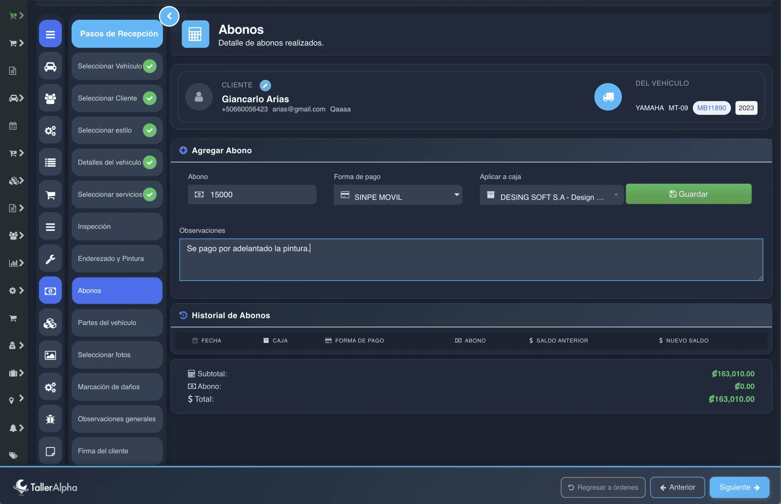 Paso 9: Registrar un abono o pago inicial del cliente