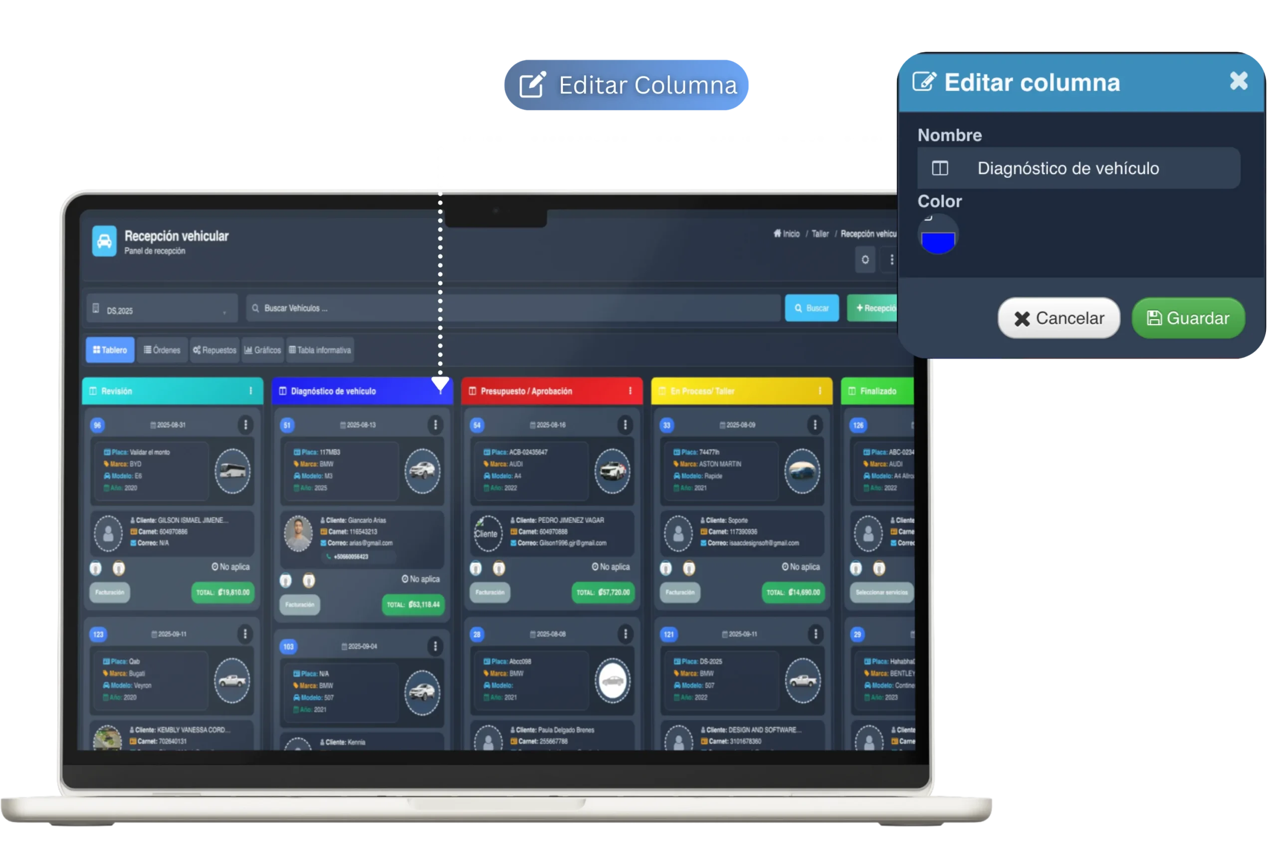 Mockup de configuración de columnas del tablero Kanban