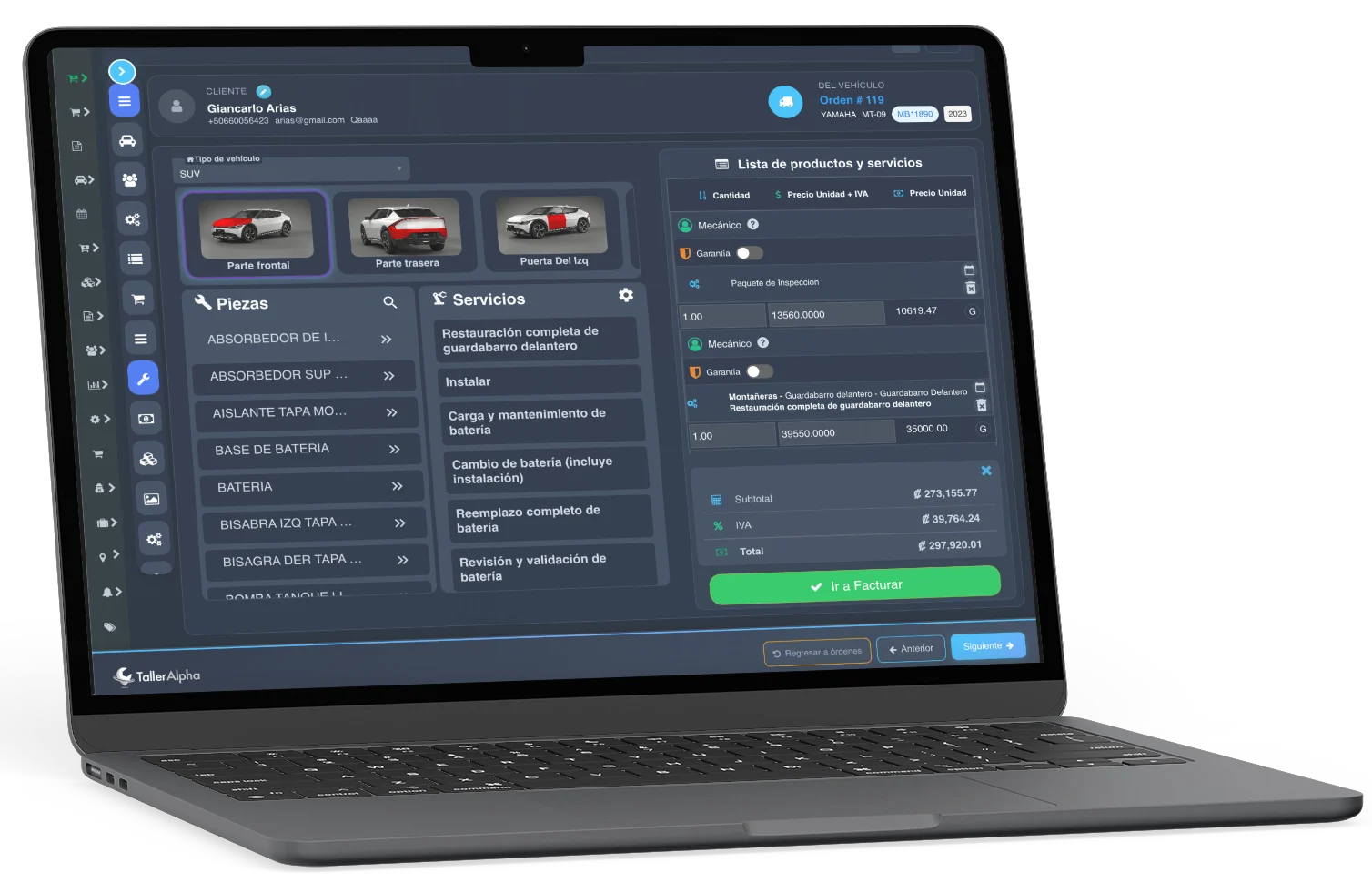 Vista de escritorio del software para taller de enderezado y pintura