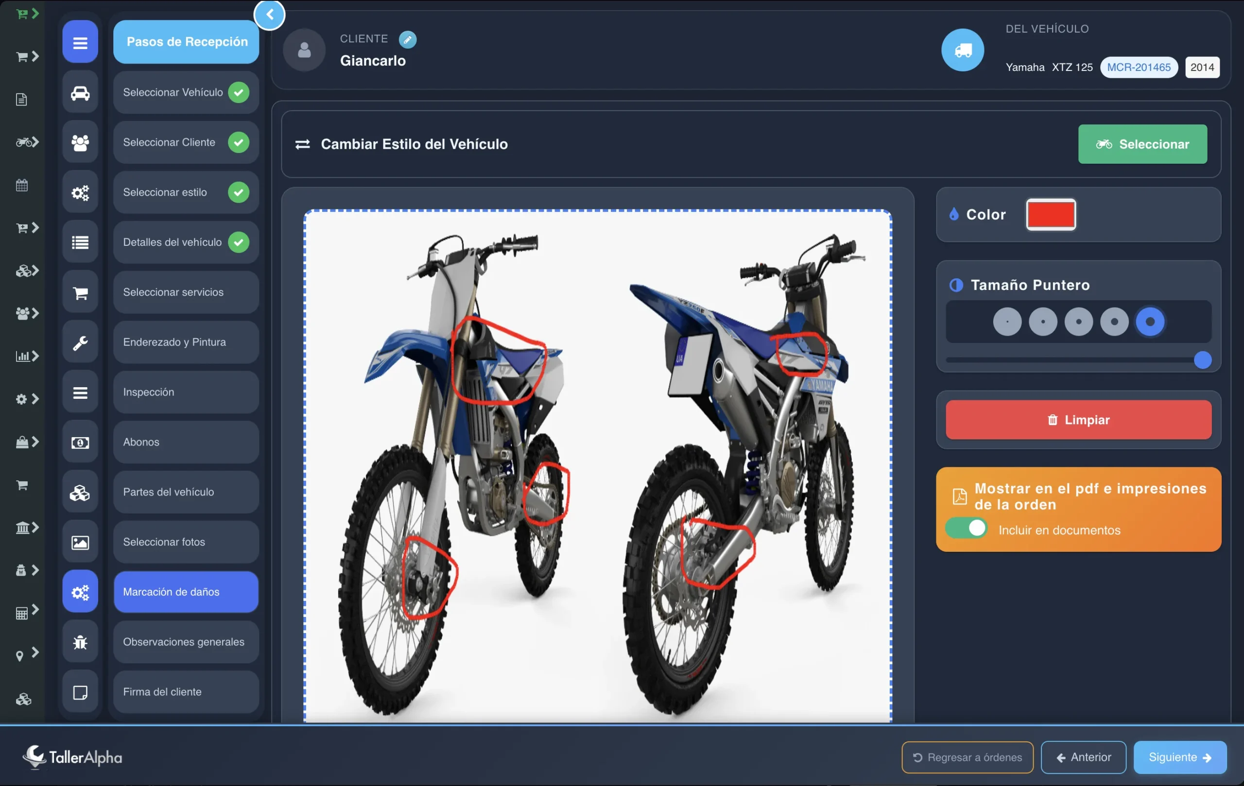 Paso 13: Marcar digitalmente los daños sobre una imagen de la moto