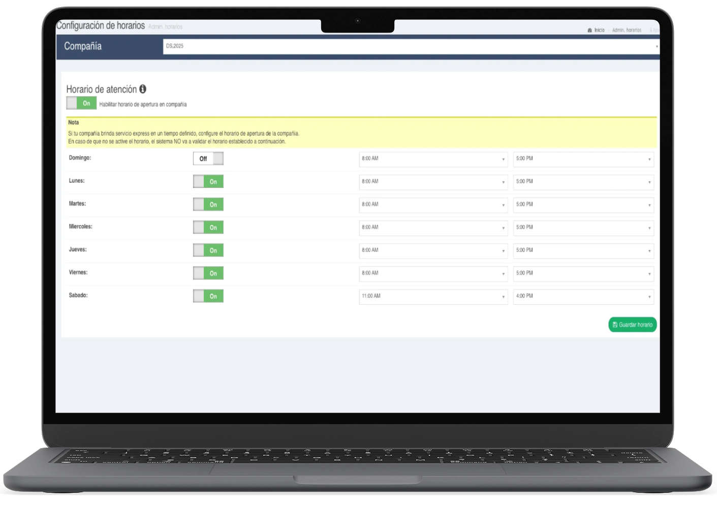 Panel de administración de horarios y módulos en Taller Alpha