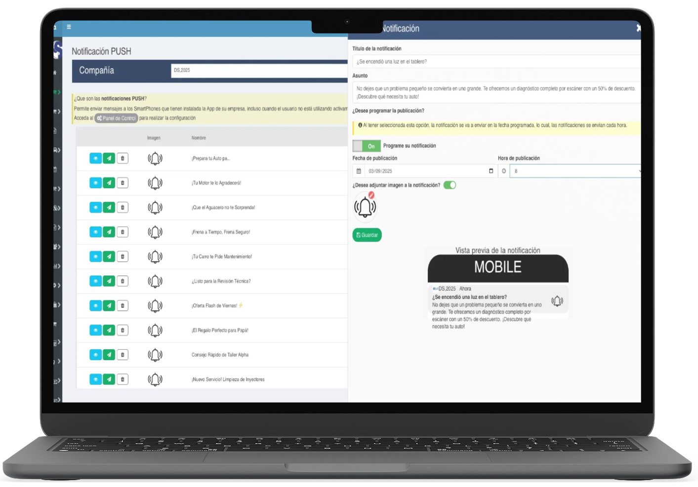 Interfaz de envío de notificaciones PUSH en Taller Alpha