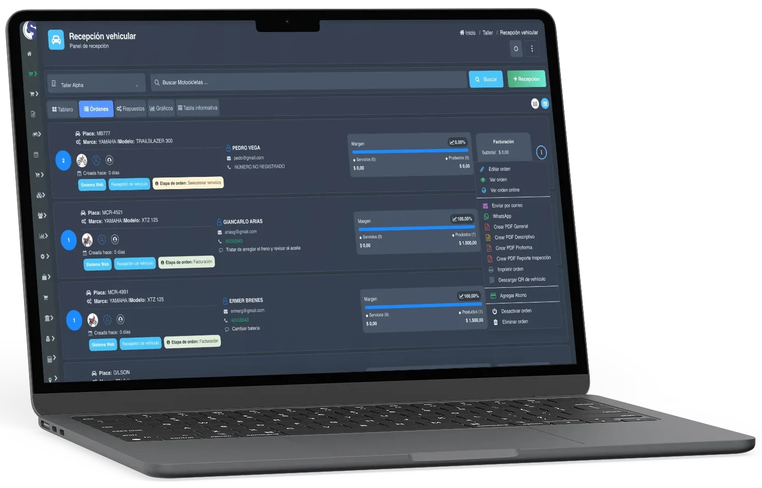 Dashboard de TallerAlpha para motos con opción de editar orden