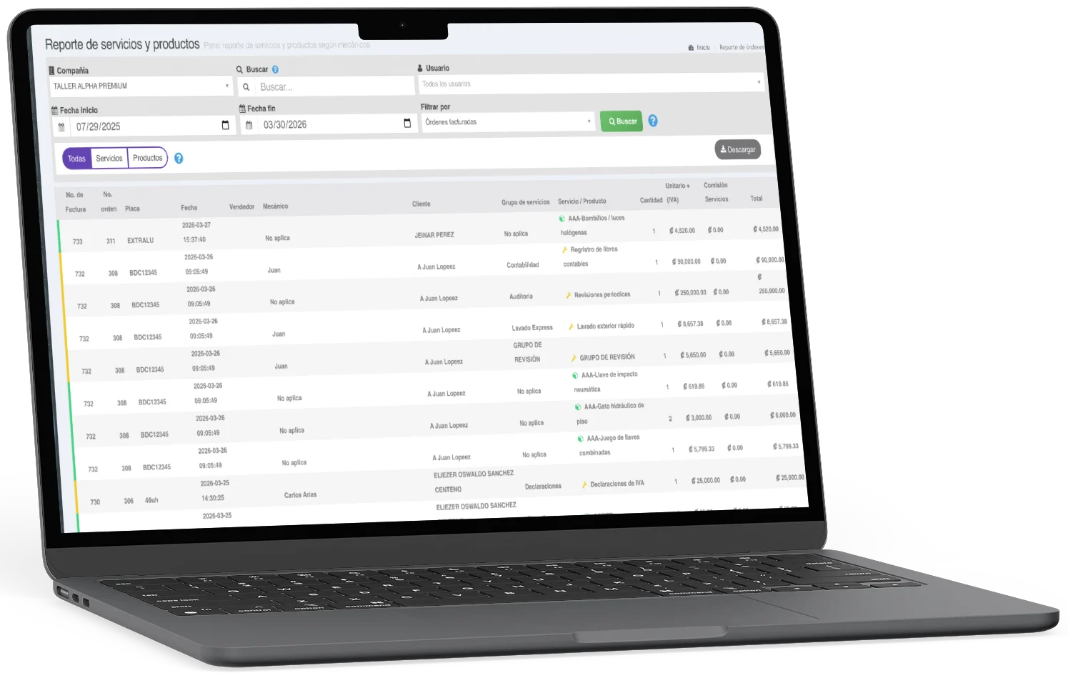 Reporte de Servicios y Productos en Taller Alpha